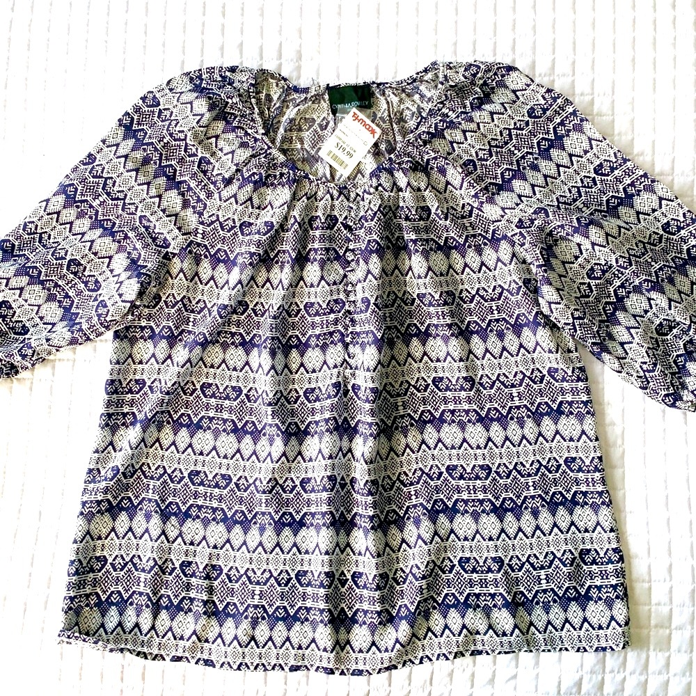 CYNTHIA ROWLEY Flowy Light Peasant Top Wm’s XL Navy/White - Casual/Career